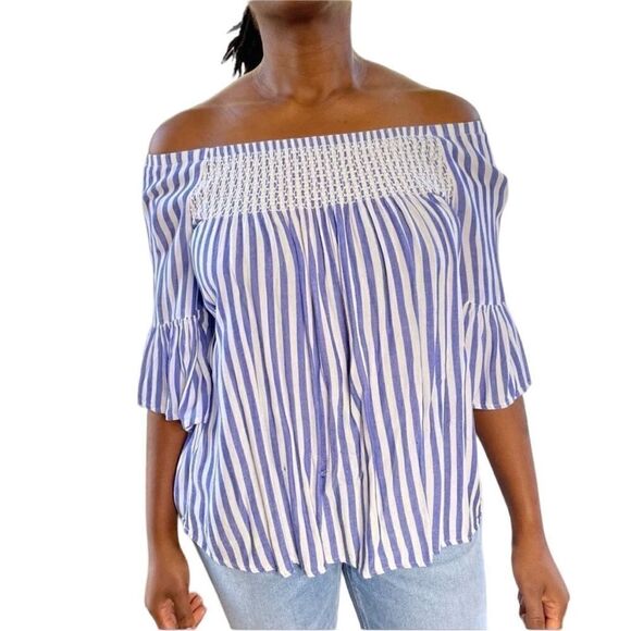 2/$20 a.n.a. Off Shoulder Striped Blue White Top - Picture 1 of 12